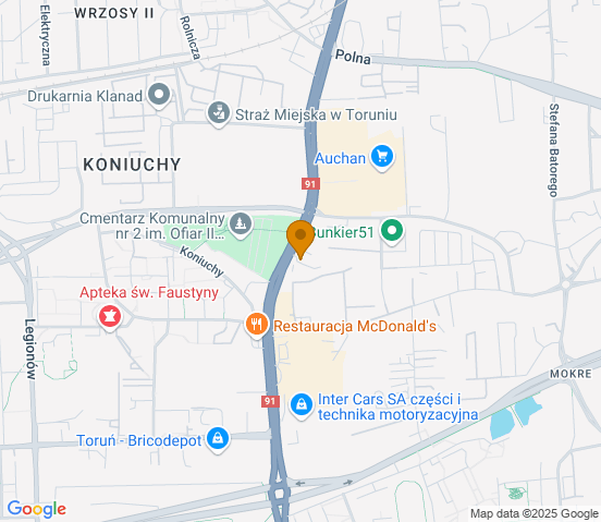 Mapa dojazdu do hurtowni motoryzacyjnej w miejscowości Toruń