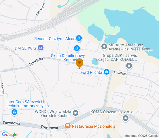 Mapa dojazdu do hurtowni motoryzacyjnej w miejscowości Olsztyn